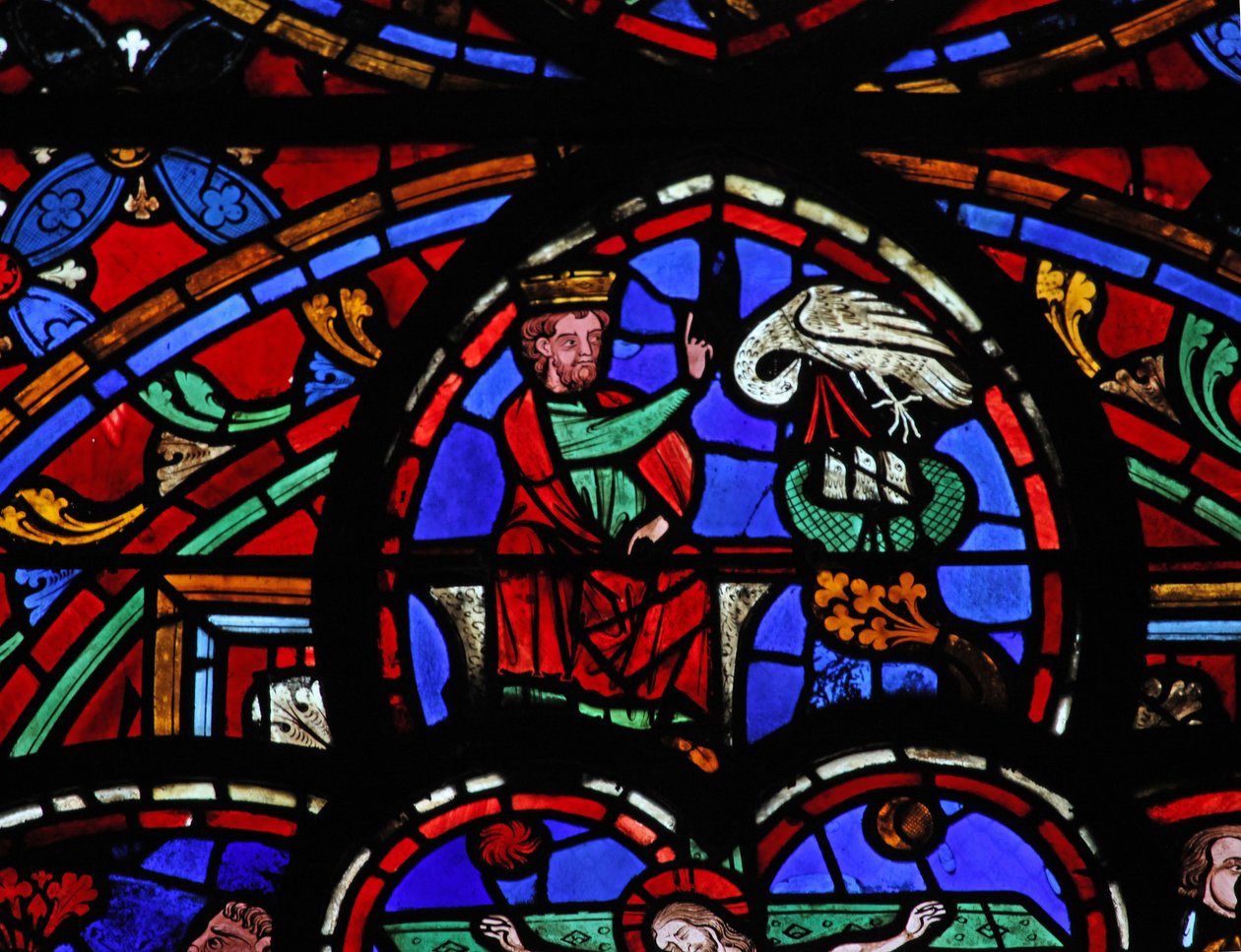 Ventana w0 que representa a David y el pelícano alimentando a sus crías de French School