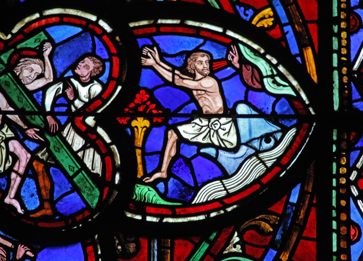 Ventana w0 que representa a Jonás y la ballena de French School