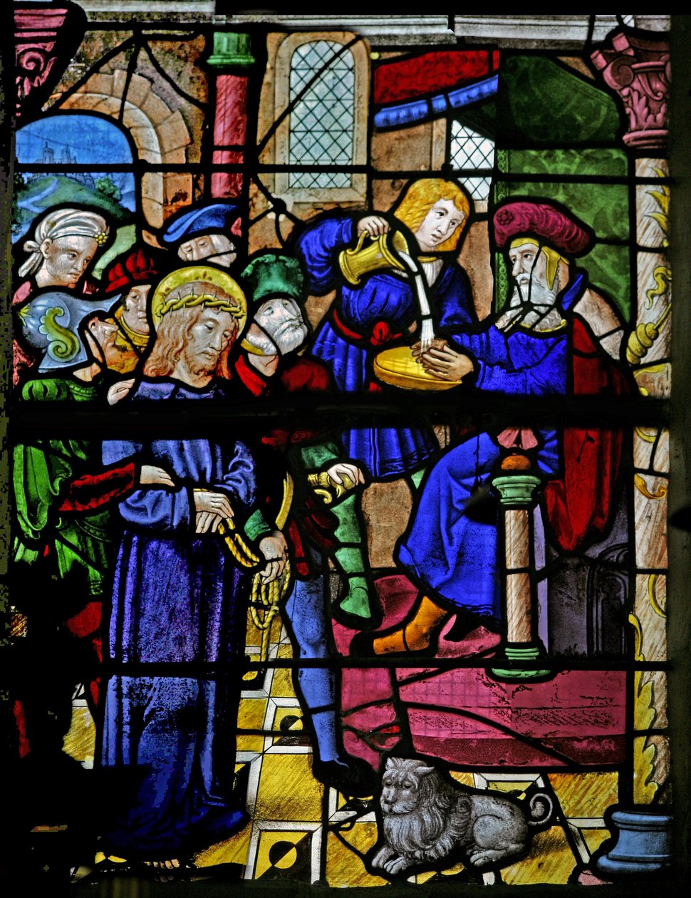 Ventana w0 que representa a Pilato lavándose las manos de French School