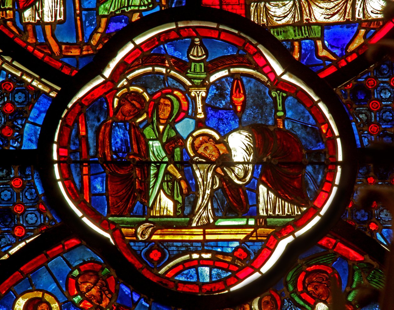 Ventana que representa a San Pedro, Santiago y San Juan en el Sepulcro de la Resurrección de French School