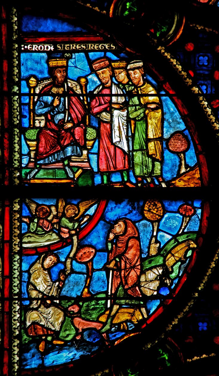 Ventana w0 que representa la Anunciación a los Pastores; los Magos con Herodes de French School