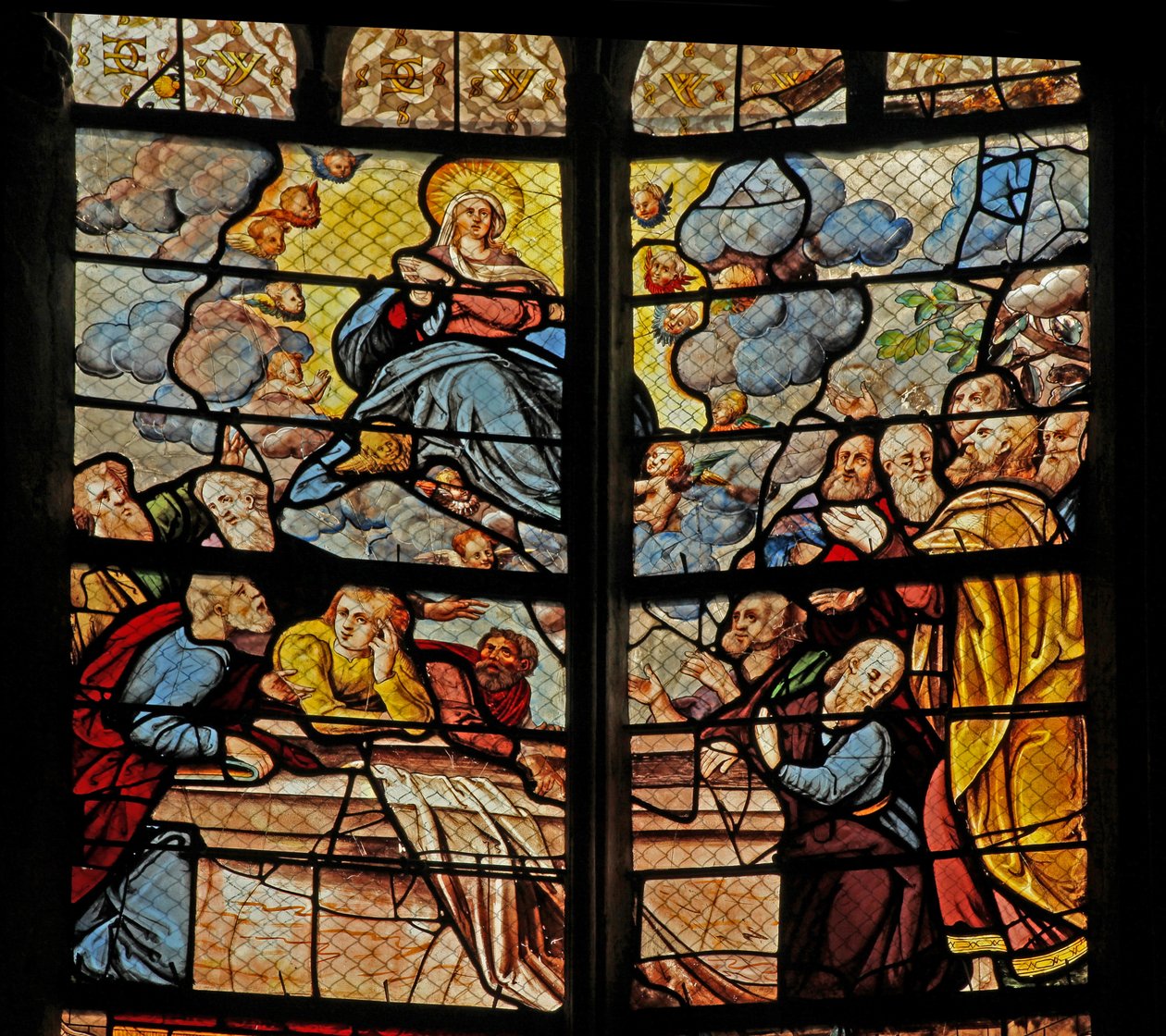Ventana w0 que representa la Muerte y Asunción de la Virgen María de French School