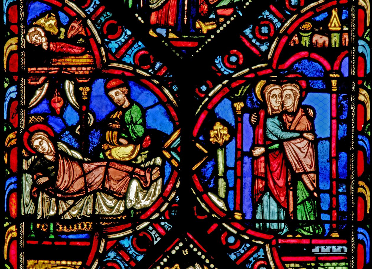 Ventana w0 que representa la Natividad y la Visitación de French School