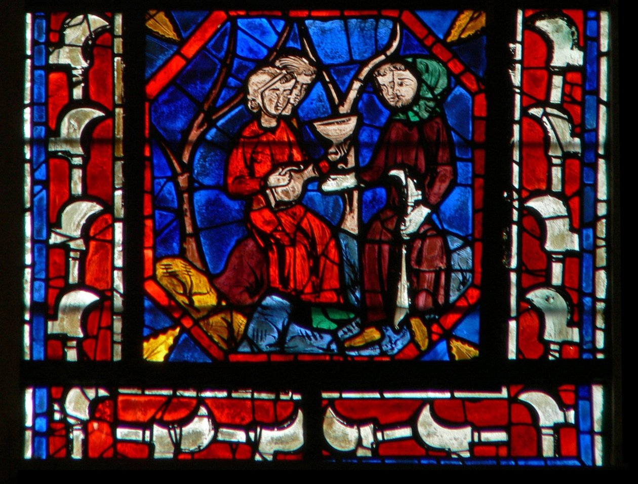Ventana que representa donantes - viñadores trabajando de French School