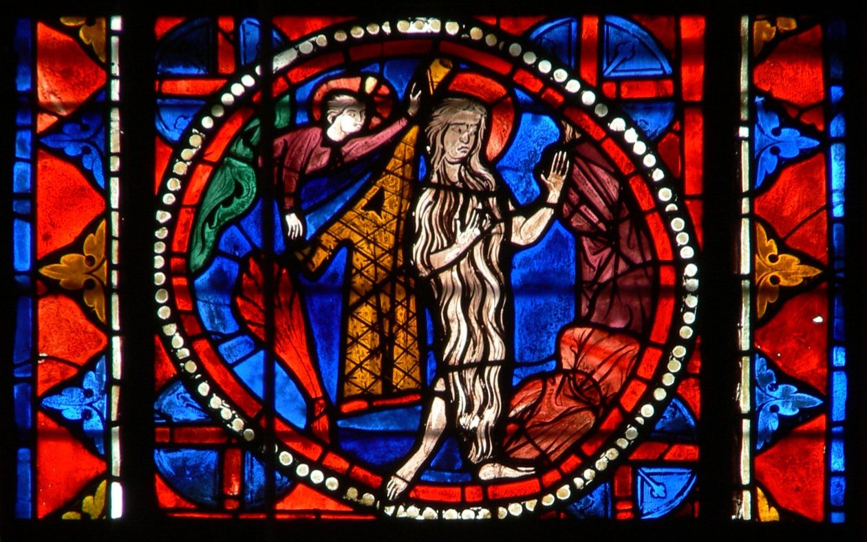 Ventana w109 que representa a Santa Inés protegida milagrosamente por su cabello de French School