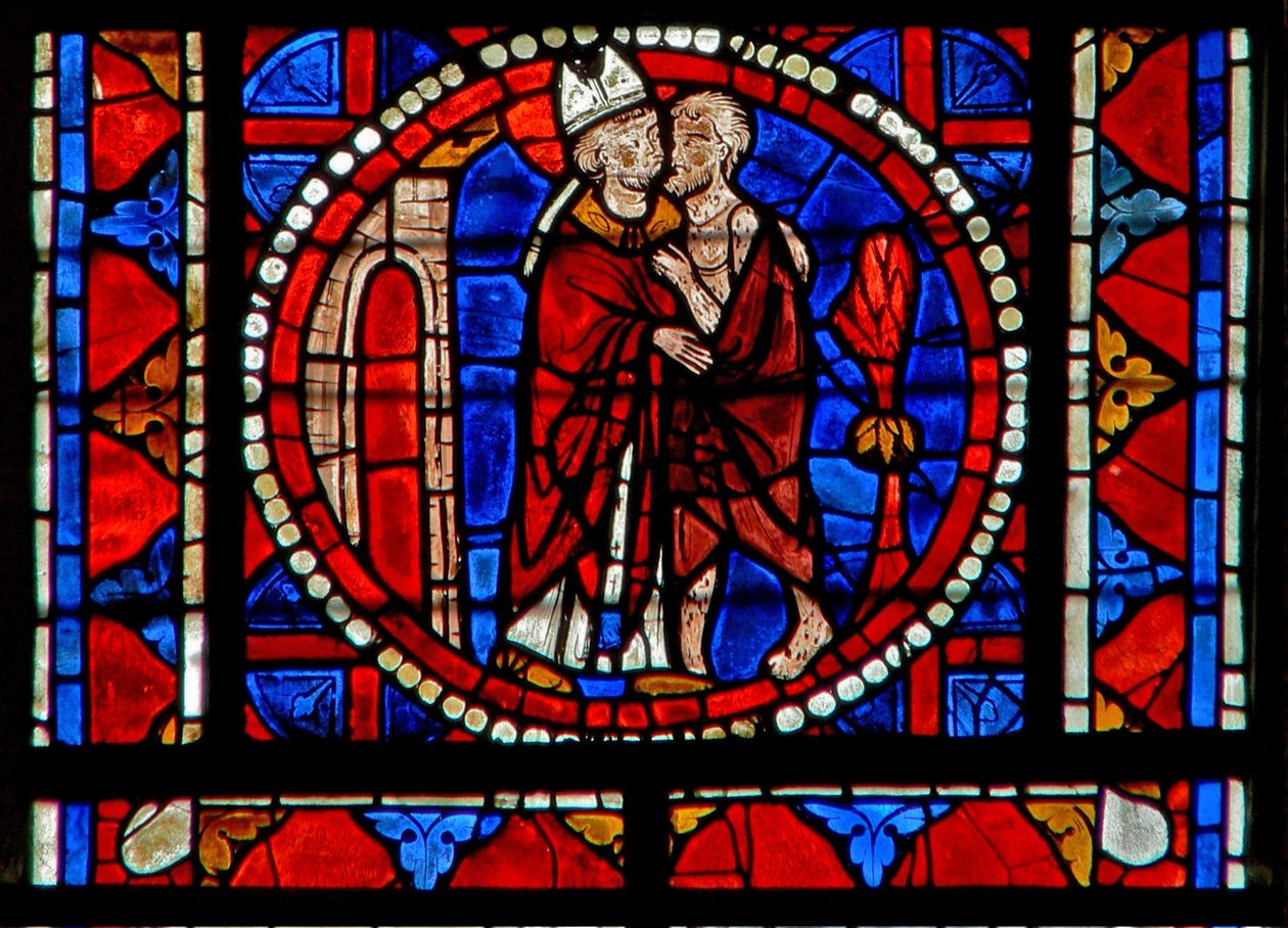 Ventana w109 que representa a San Martín curando a un leproso de French School
