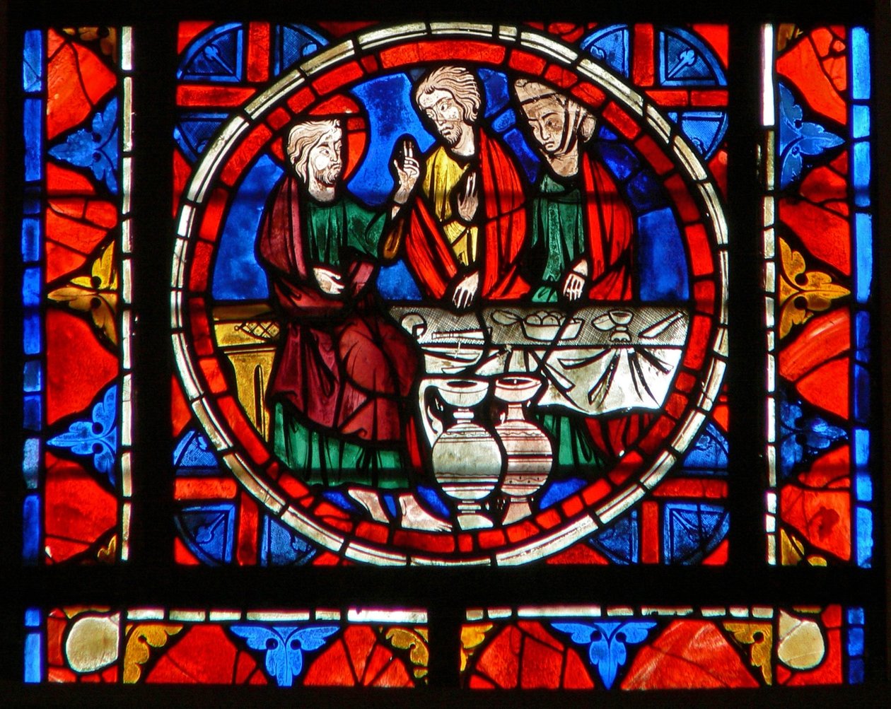Ventana w109 que representa una escena de la vida de Santa María Magdalena - en la comida en casa de Simón de French School