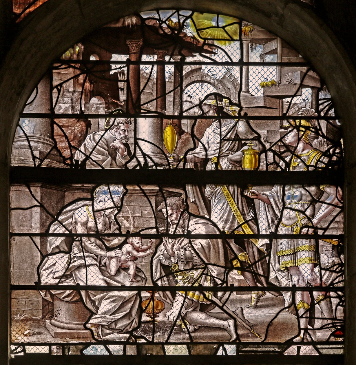 Ventana w10 que representa la Adoración de los Magos: diseños de Durero y adaptaciones de los diseños del Maestro de Des para la Historia de Psique de French School