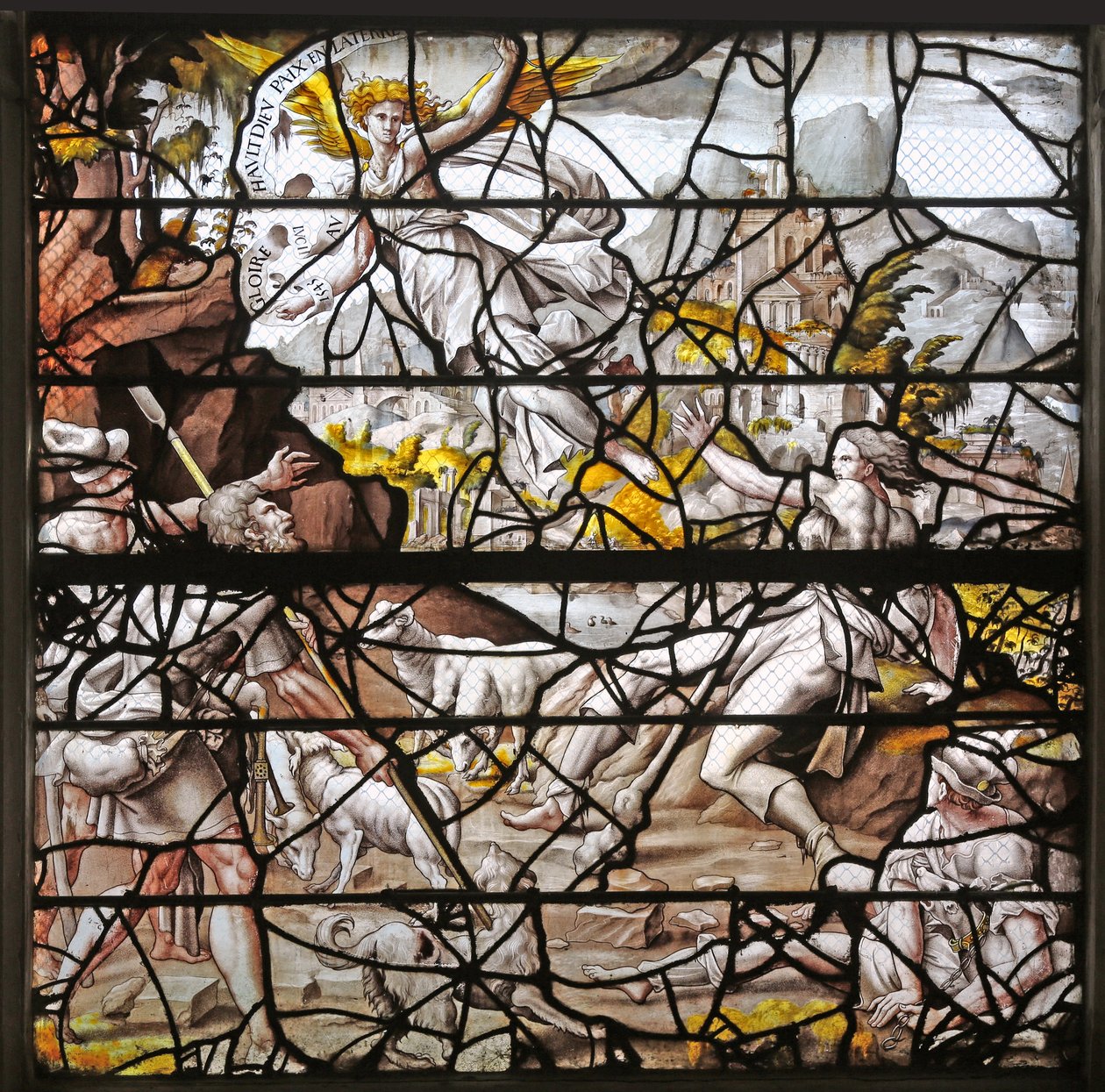 Ventana w10 que representa la Anunciación a los Pastores: diseños de Durero y adaptaciones de los diseños del Maestro de Des para la Historia de Psique de French School