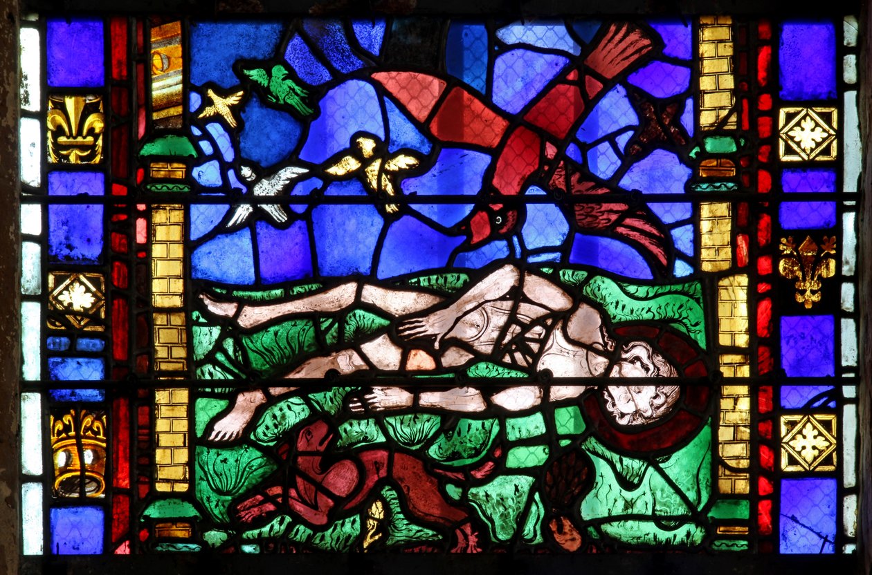 Ventana w10 que representa el cadáver de San Vicente siendo abandonado y protegido de los animales por un cuervo de French School