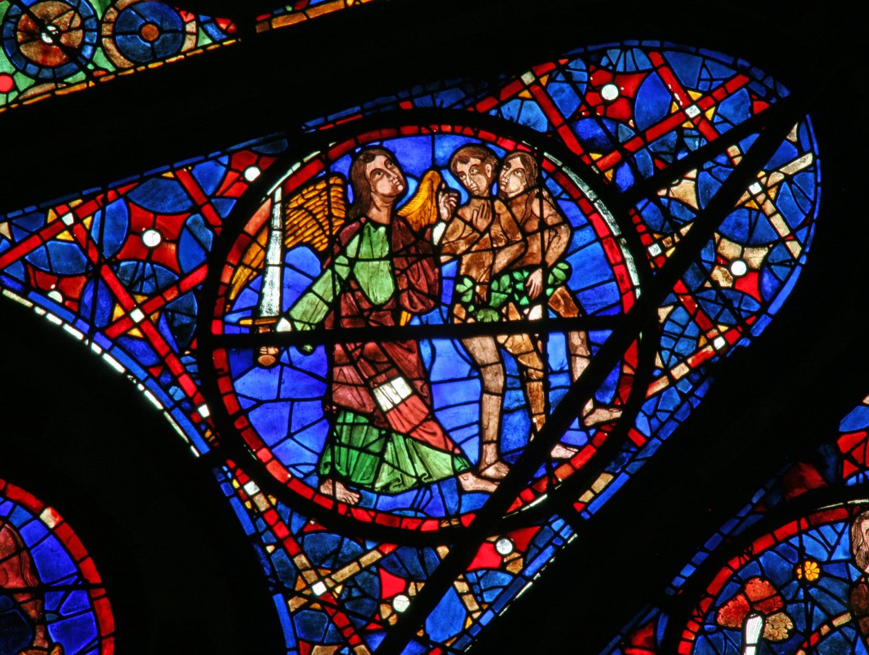 Ventana w115 que representa a Adán y Eva expulsados del Edén de French School