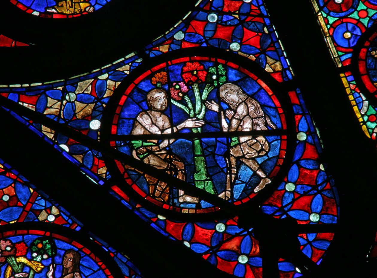 Ventana w115 que representa a Adán y Eva seducidos por el conocimiento del árbol del bien y del mal de French School