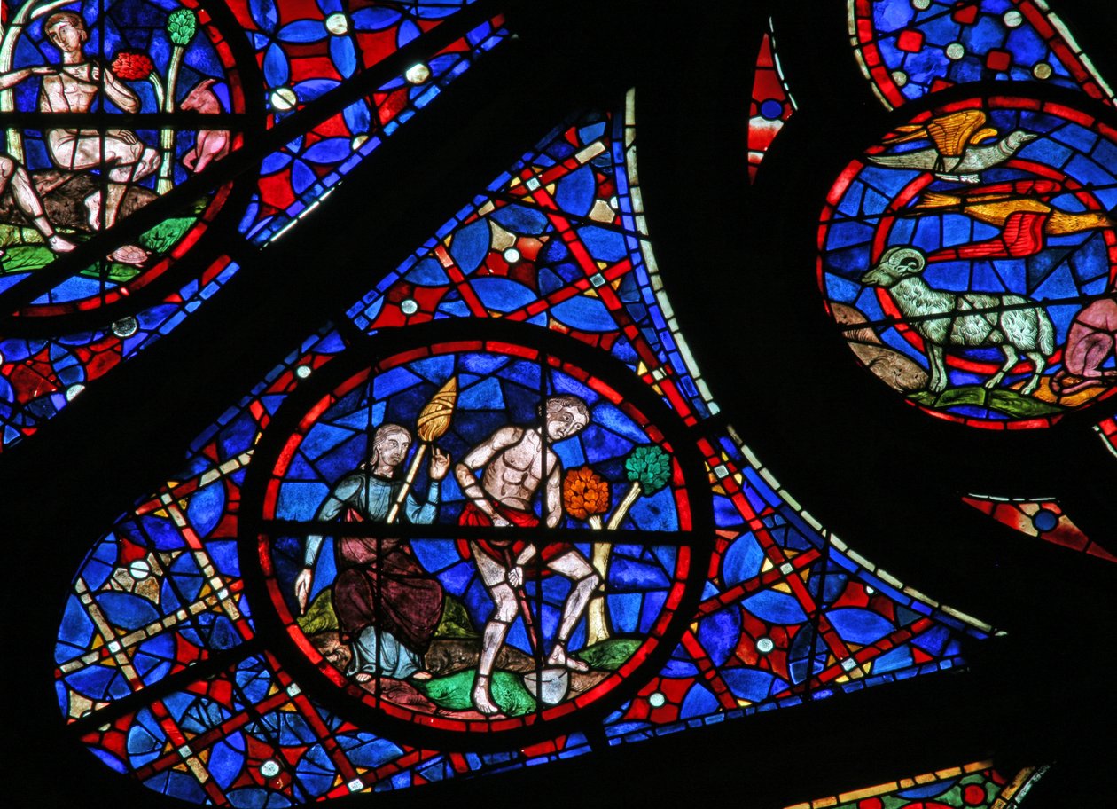 Ventana w115 que representa a Adán cavando mientras Eva hila de French School