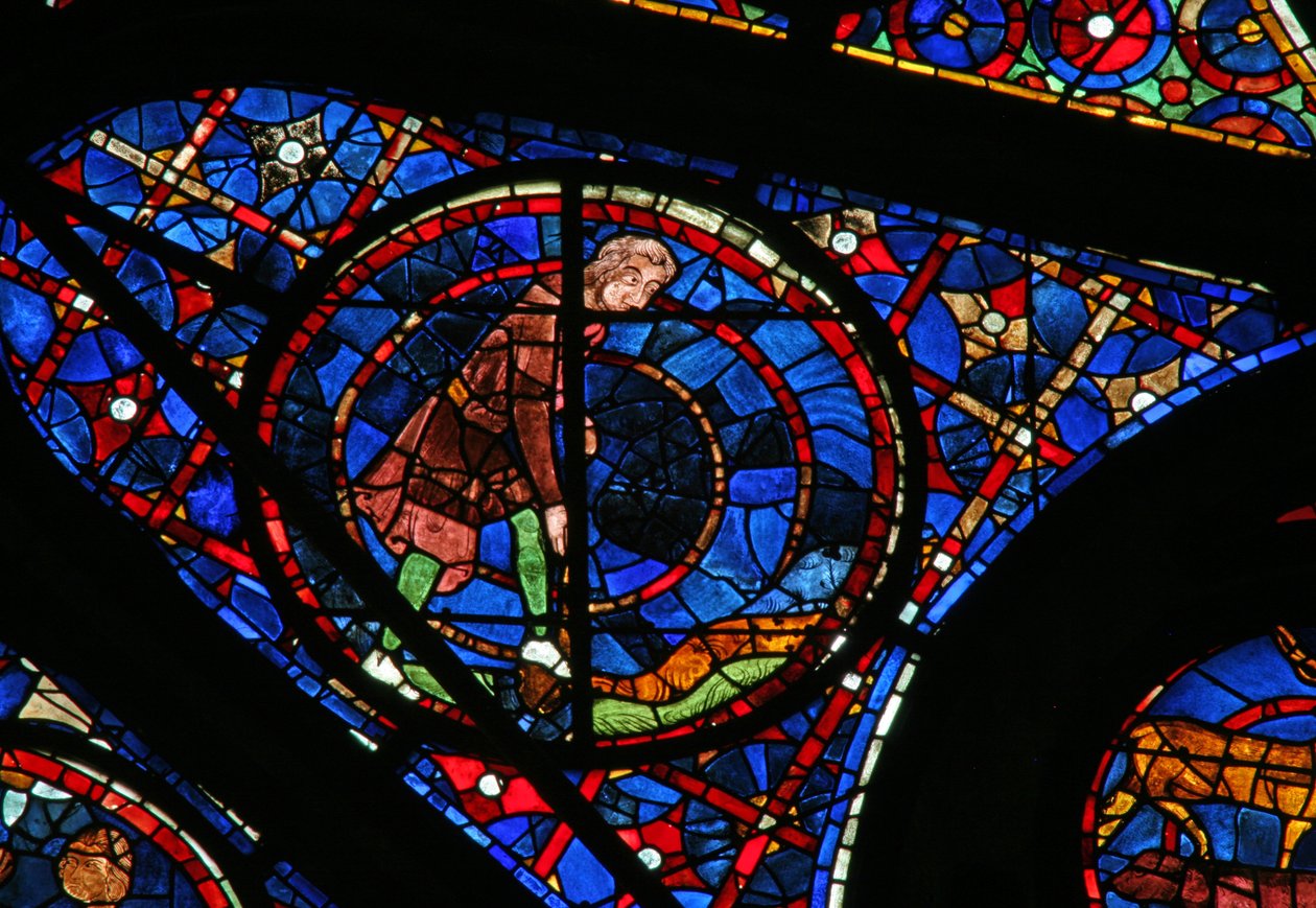 Ventana w115 que representa a Caín cultivando la tierra de French School
