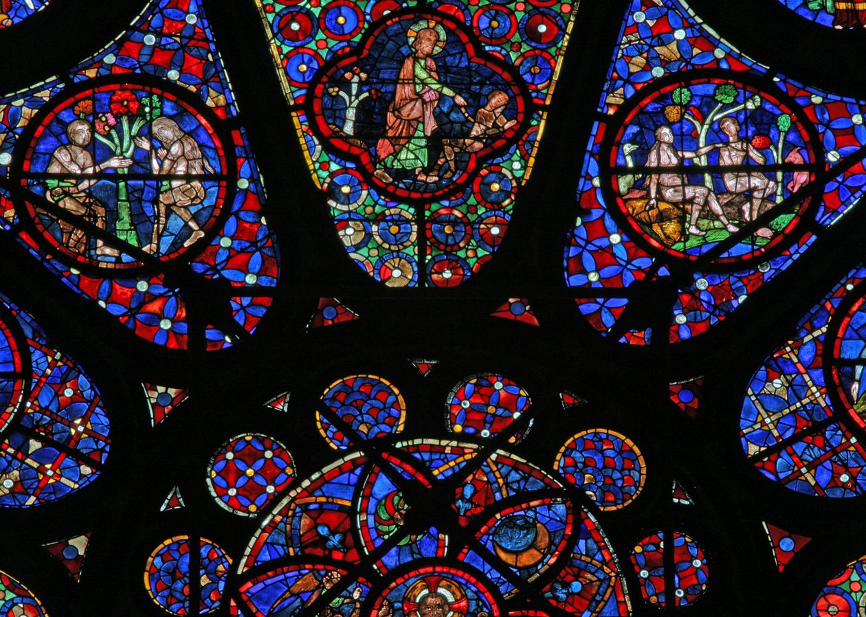 Ventana w115 que representa a Dios el Creador: escenas de Adán y Eva de French School