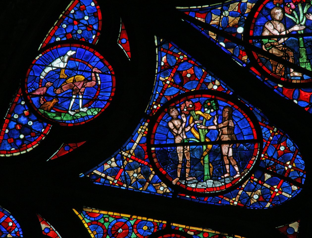 Ventana w115 que representa la Creación: aves, Adán y Eva y la serpiente de French School