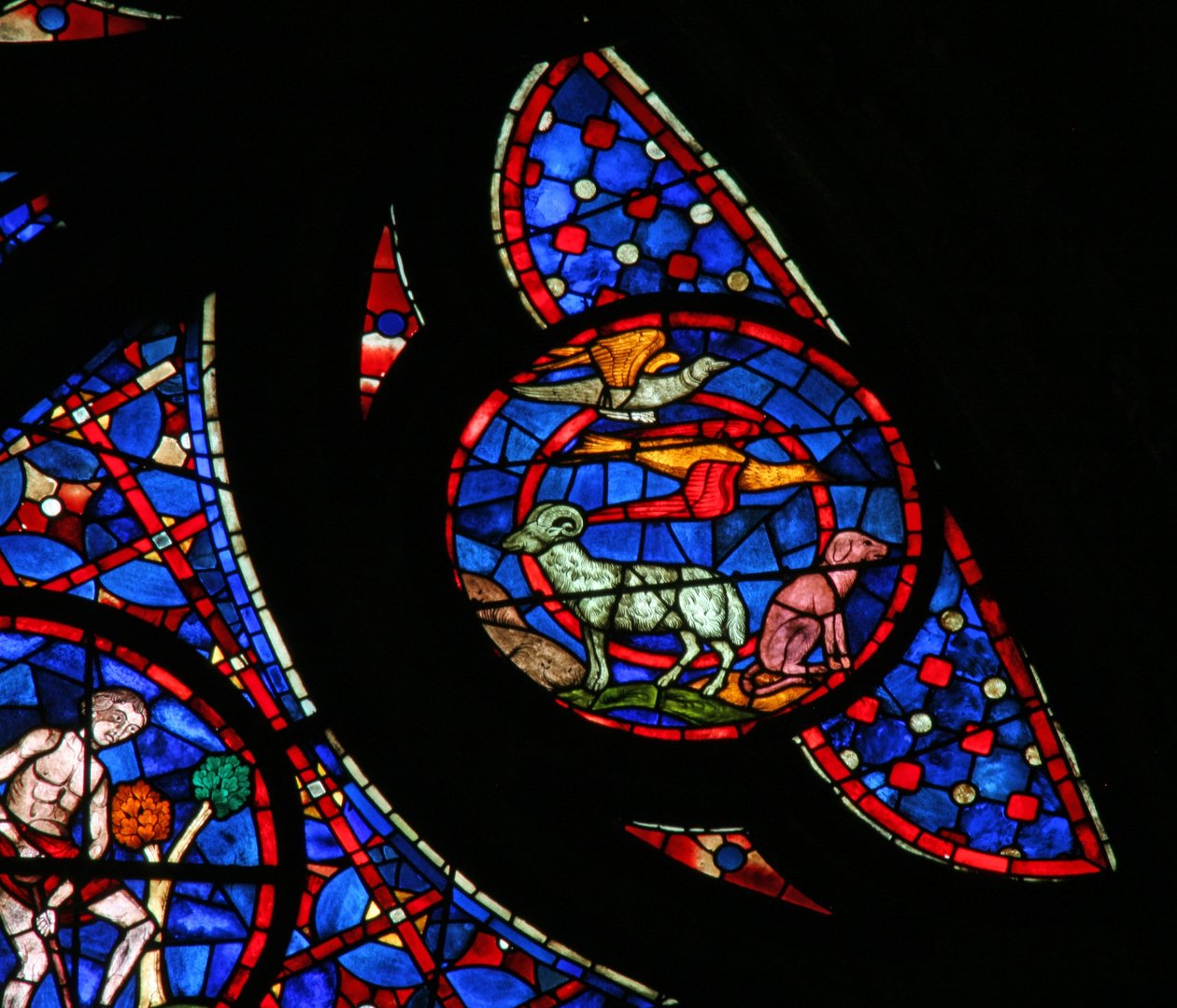 Ventana w115 que representa la Creación de las aves y los animales de French School