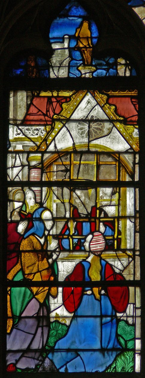 Una escena de la vida de Santo Tomás: Santo Tomás en prisión es visitado por la Princesa Migdomie; vidrio veneciano de French School