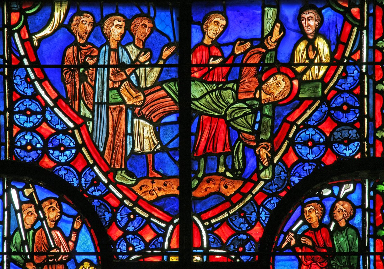 Ventana w11 que representa a San Andrés atado a su cruz y predicando a la multitud de French School