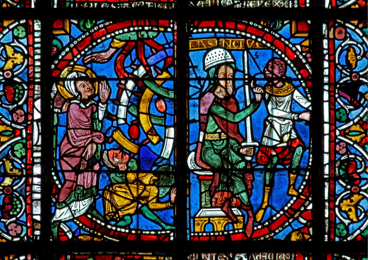 Ventana w125 con una escena de la vida de Santa Catalina: Maxencio ordena que la rompan en la rueda de French School