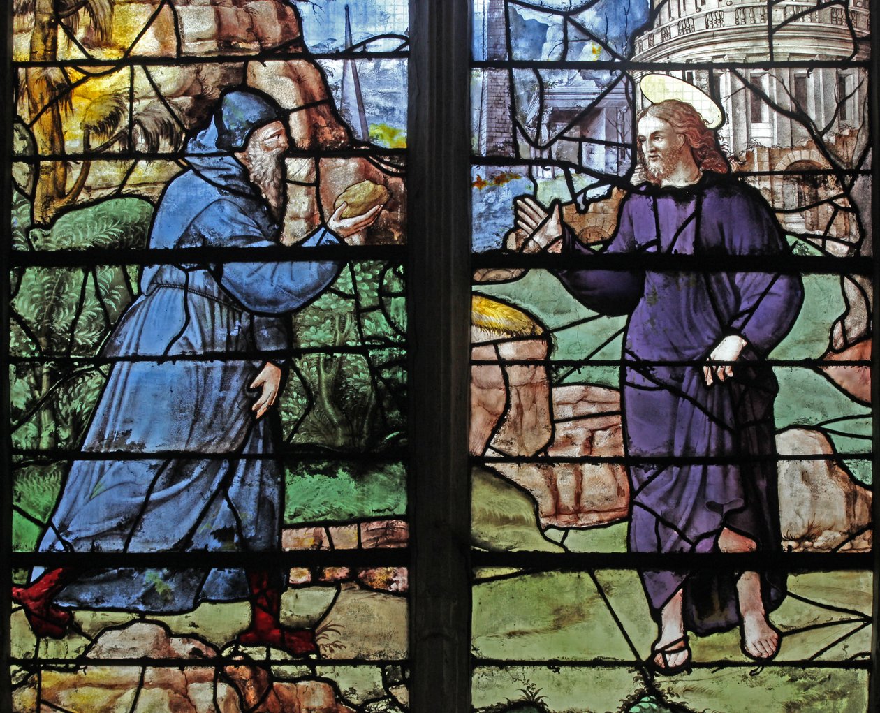 Ventana w12 que representa la Tentación en el Desierto de French School