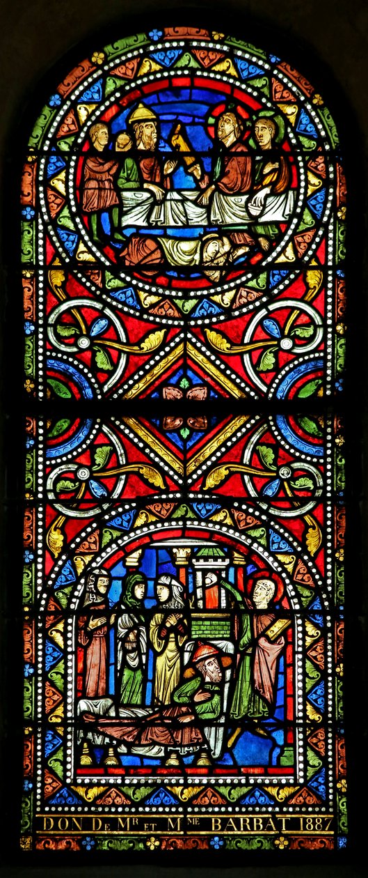 Ventana w13 que representa donada a la iglesia en el siglo XIX, estos dos paneles datan de principios del siglo XIII y son los vidrios más antiguos de Chalons de French School