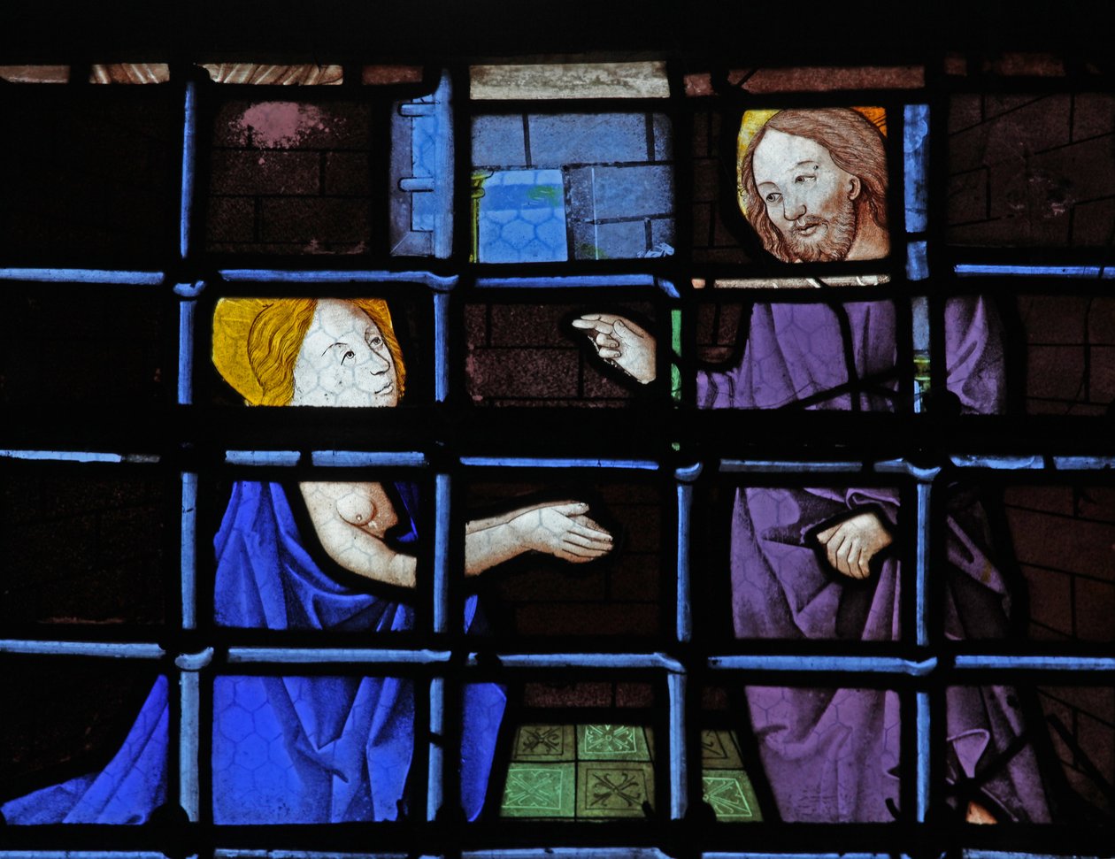Ventana w13 que representa a Santa Bárbara en prisión con Cristo de French School