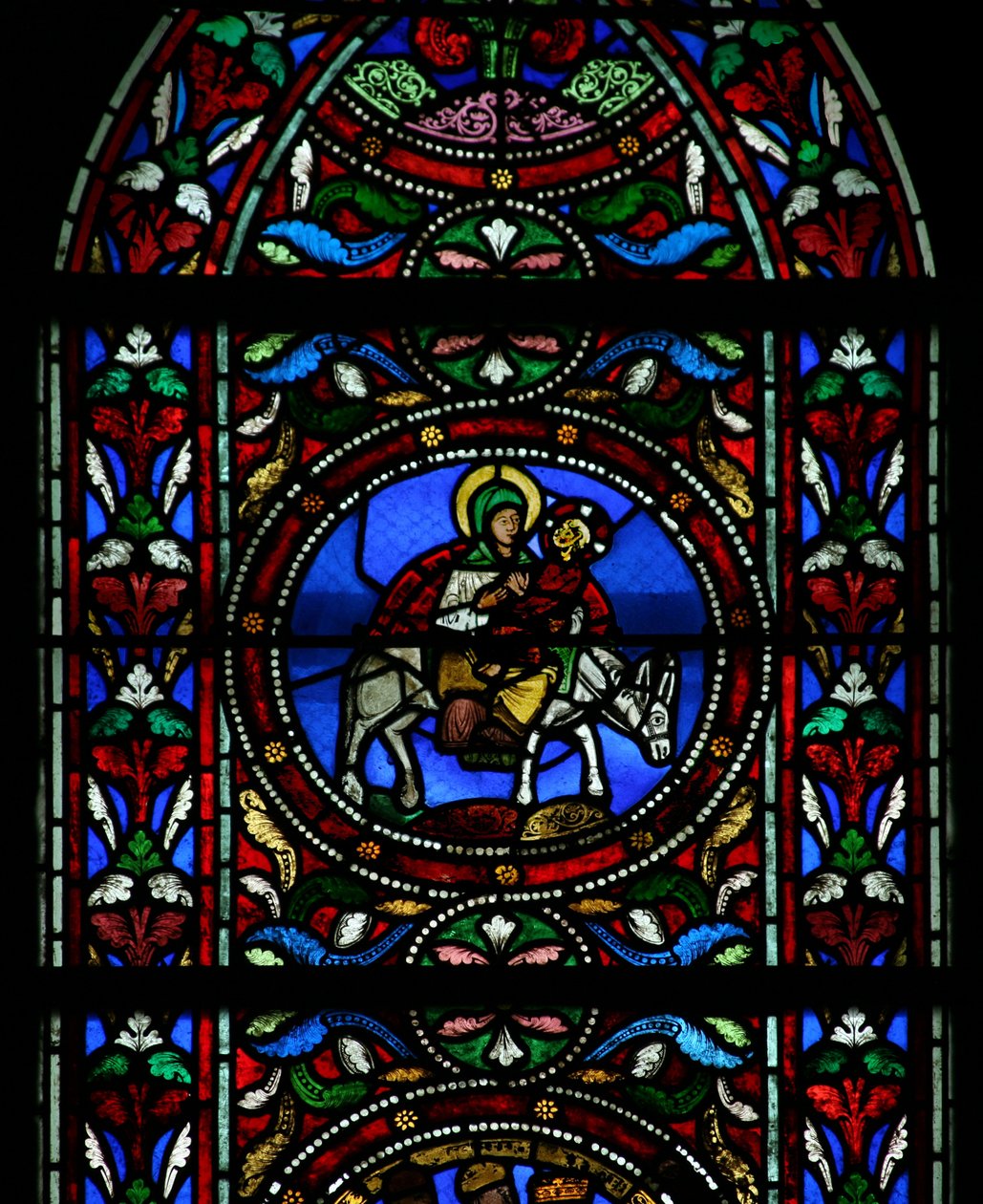Ventana que representa la Huida a Egipto de French School