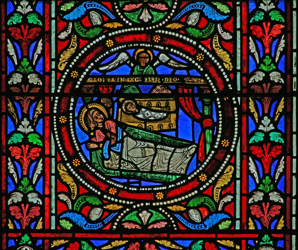 Ventana que representa la Natividad de French School