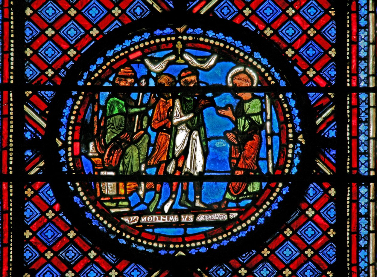 Ventana w14 que representa a Simón el Mago y San Pedro ante Herodes de French School