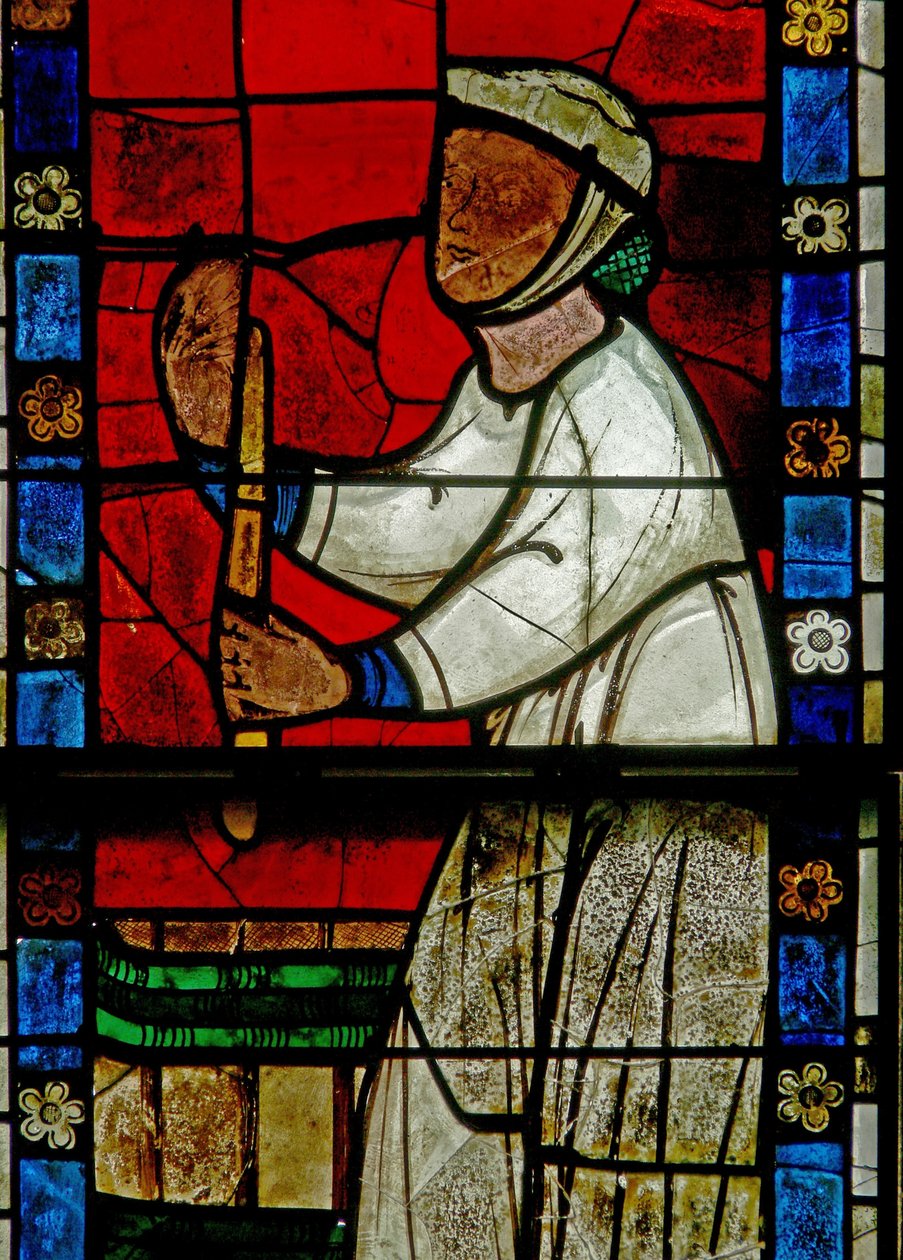 Ventana w15 que representa una escena de una leyenda de San Nicolás: el milagro de los 3 niños: un carnicero mata a tres niños de French School