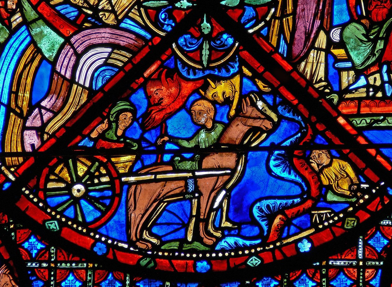 Ventana w15 que representa la historia de las reliquias de San Esteban: los demonios interfieren con el transporte de las reliquias de French School