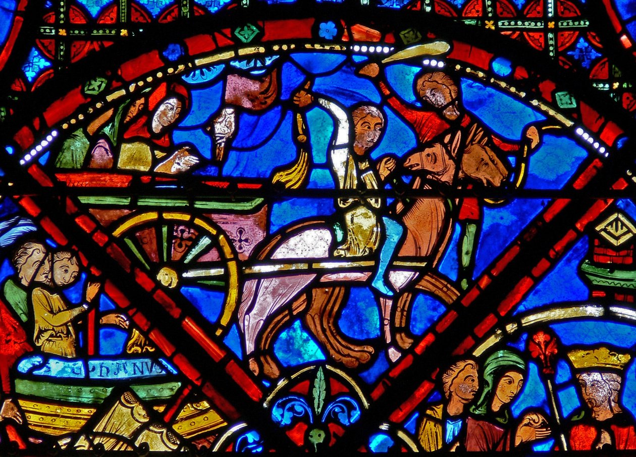 Ventana w15 que representa la historia de las reliquias de San Esteban: transportando las reliquias en caballo y carro de French School