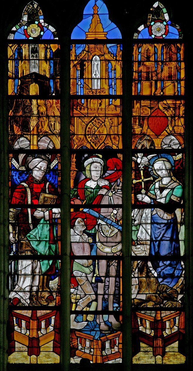 Ventana w17 que representa a San Lorenzo, San Martín y Santa Margarita de French School