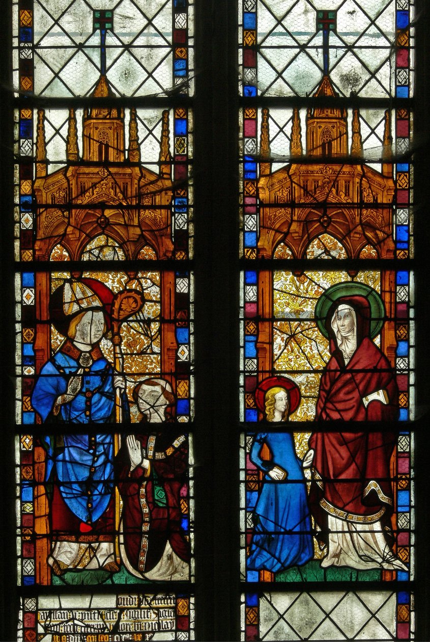 Ventana w17 que representa a San Nicolás y el donante Oudin de Troyes; Santa Ana y la Virgen María de French School