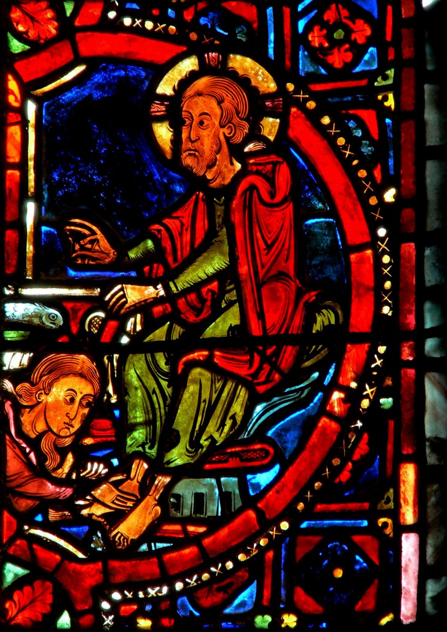 Ventana w17 que representa una escena de la vida de Santa María Magdalena - la santa lavando los pies de Cristo de French School