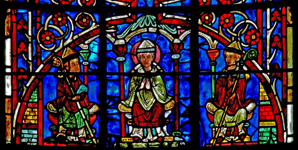 Ventana w19 que representa a San Nicolás convirtiéndose en Obispo de Myra de French School