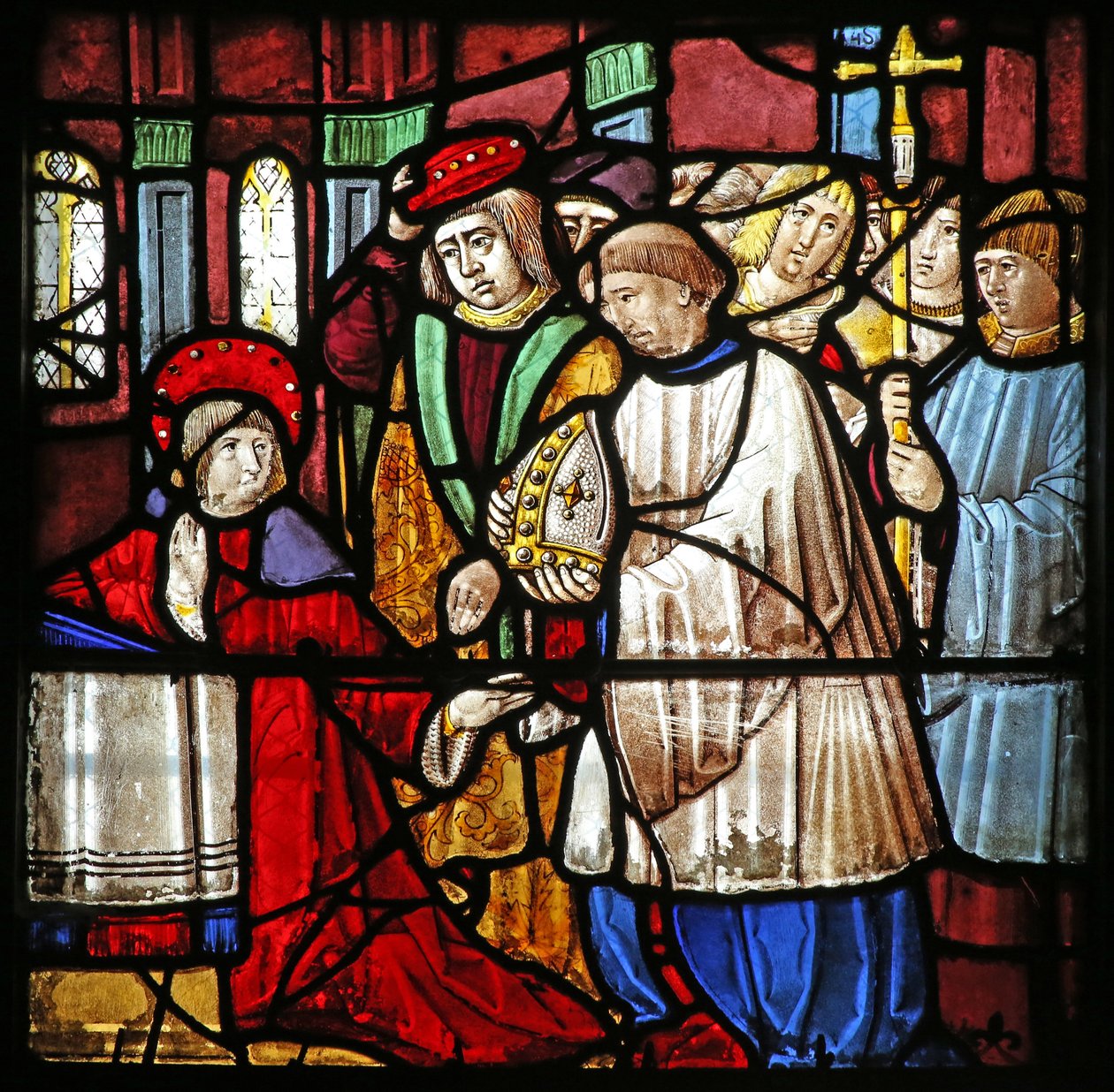 Ventana w19 que representa la Vida de San Remigio. Se le ofrece el obispado de Reims de French School