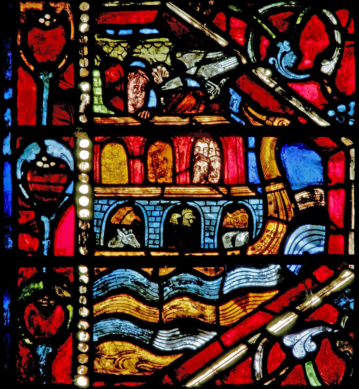 Ventana w19 que representa la historia del Arca de Noé: la paloma regresa de French School