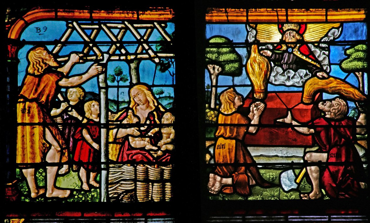 Ventana w1 que representa a Adán construyendo una casa y Eva criando a sus hijos; Caín y Abel haciendo sus ofrendas al Señor de French School