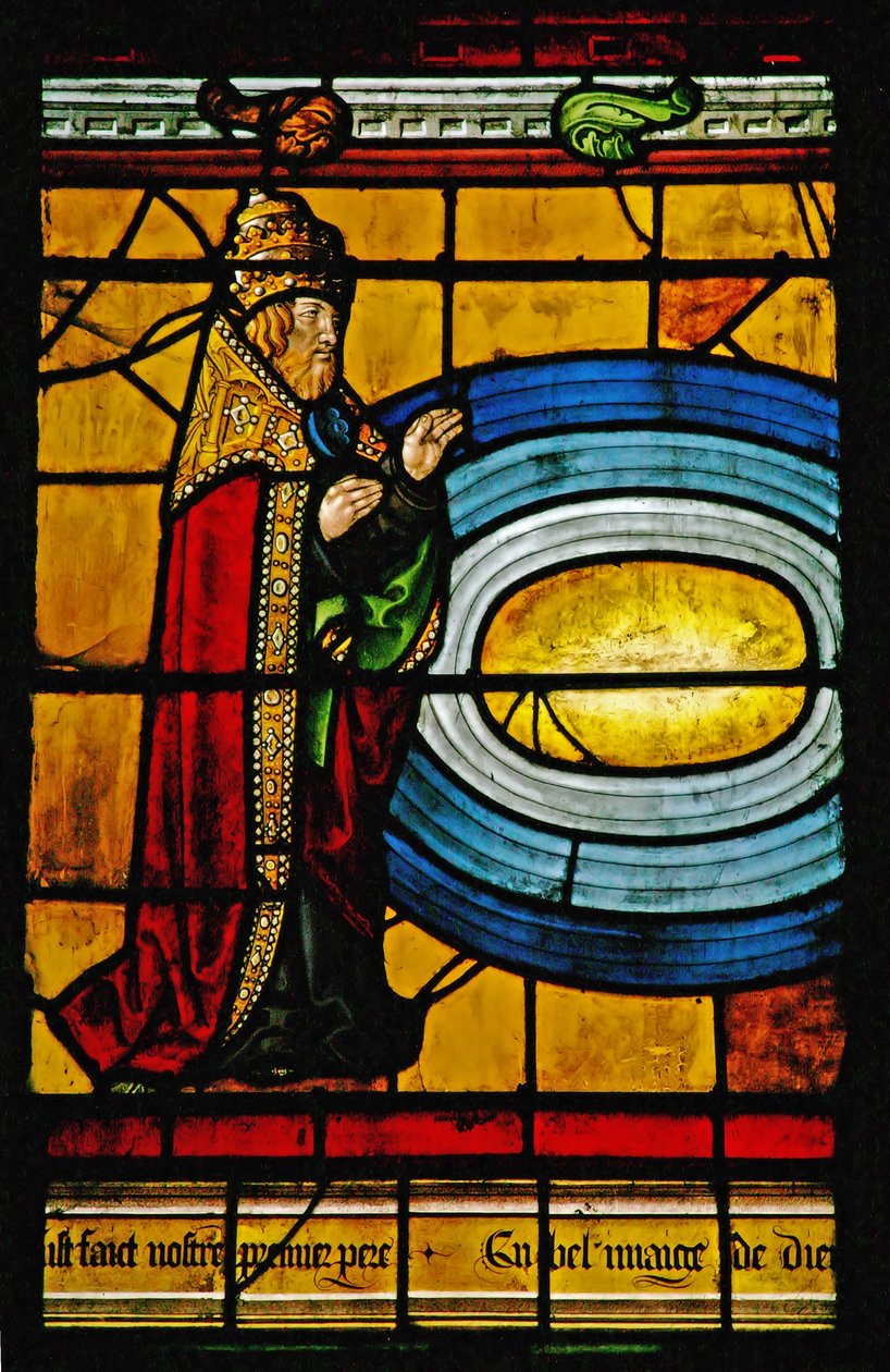 Ventana w1 que representa a Dios creando las aguas alrededor de la tierra de French School