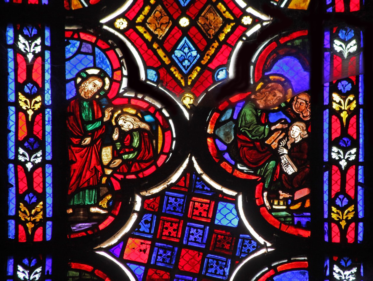 Ventana w1 que representa a Jesús con Marta y María Magdalena de French School