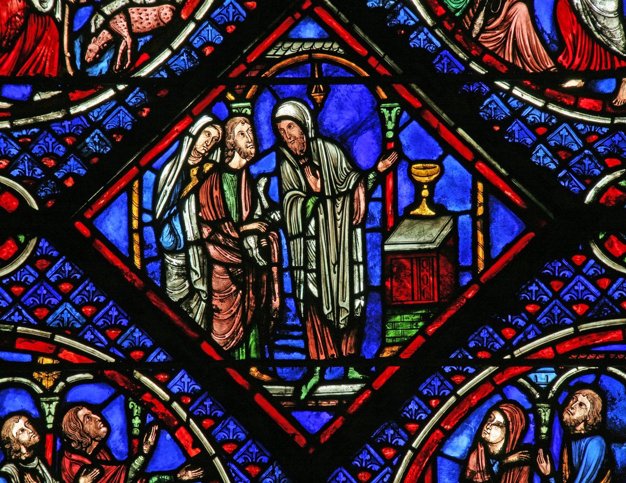 Ventana w1 que representa la ofrenda de Joaquín es rechazada de French School