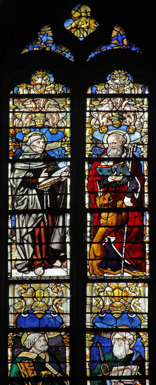 Ventana w1 que representa a San Thibault y San Jerónimo de French School