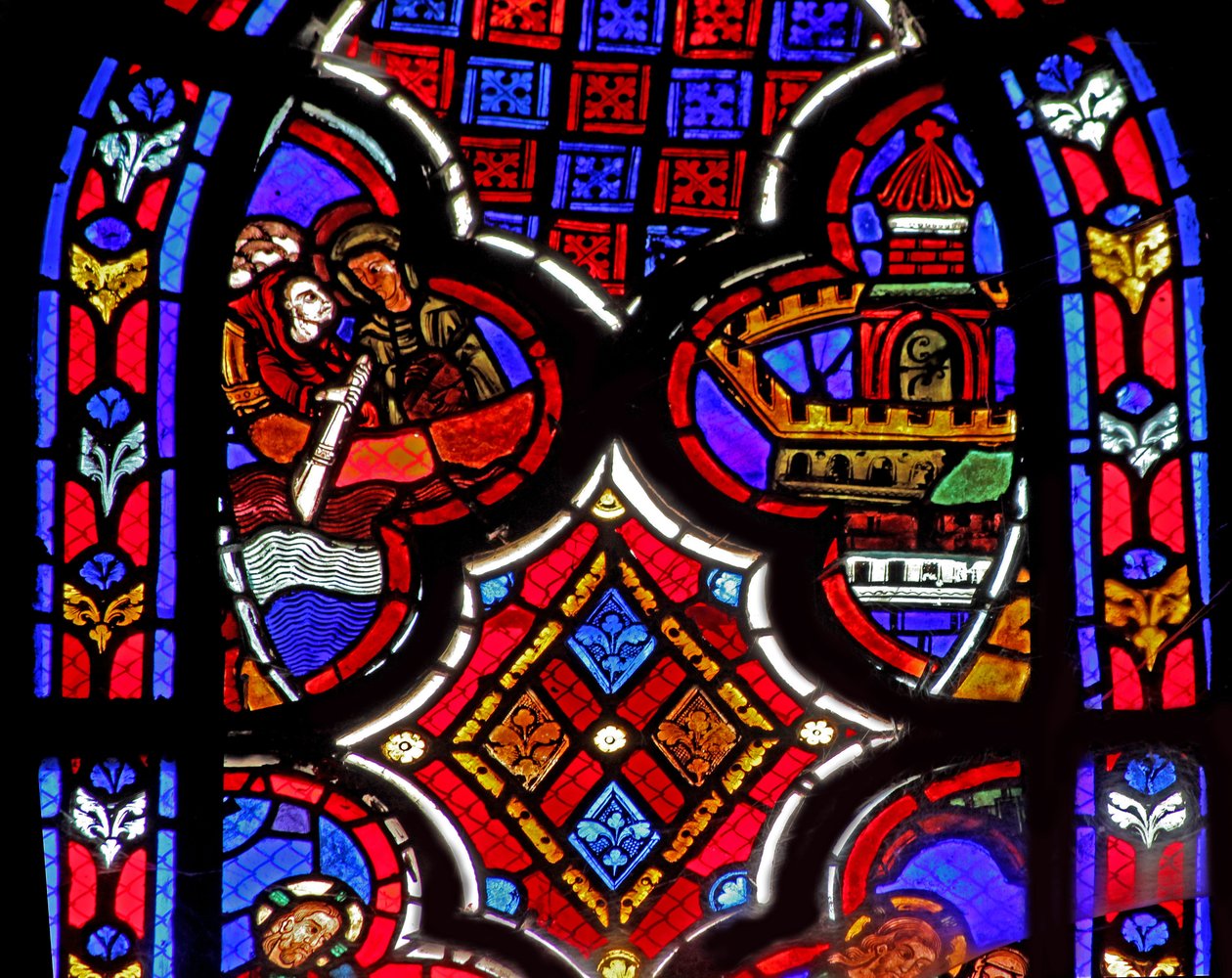 Ventana w1 que representa una escena de la vida de Santa María Magdalena - la santa viaja a Marsella de French School