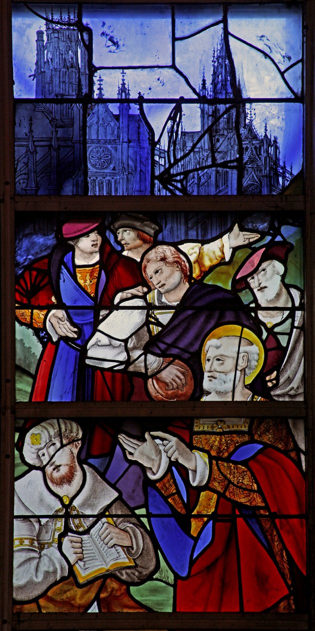 Ventana w1 que representa una escena de la vida de San Pedro: Simón el Mago y Pedro debaten; la catedral de Rouen y San Maclou en el fondo de French School