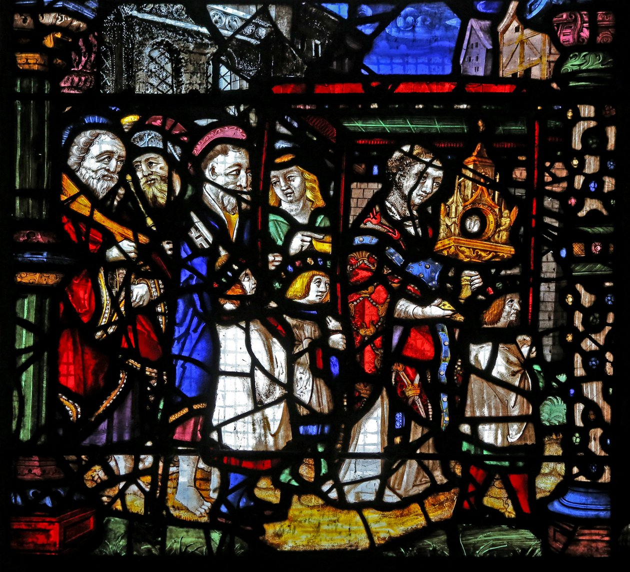 Ventana w1 que representa a los Apóstoles siguiendo una custodia con la Hostia (aquí como una joya con vidrio grabado) de French School