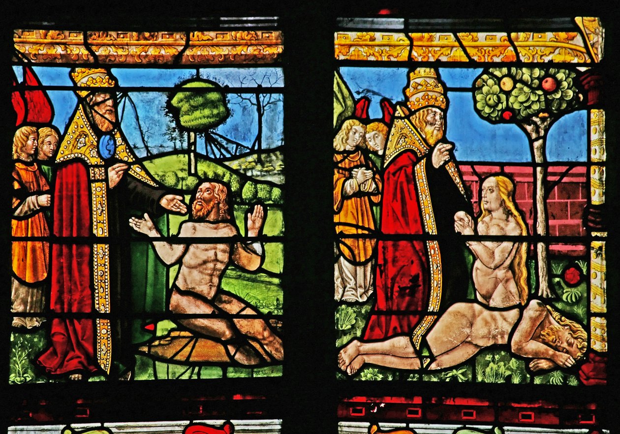 Ventana w1 que representa la Creación de Adán y Eva de French School