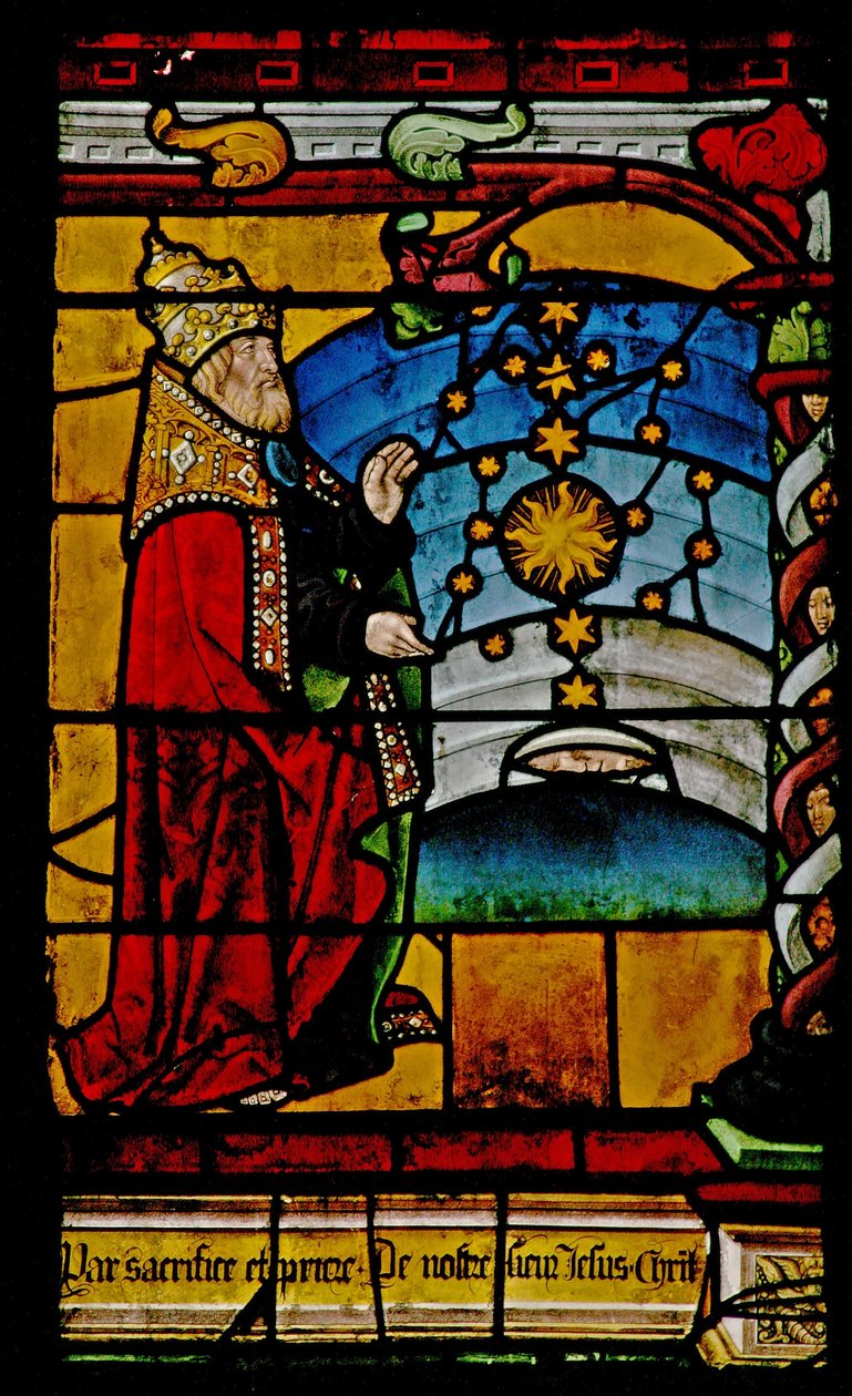 Ventana w1 que representa la Creación del sol, la luna y las estrellas de French School