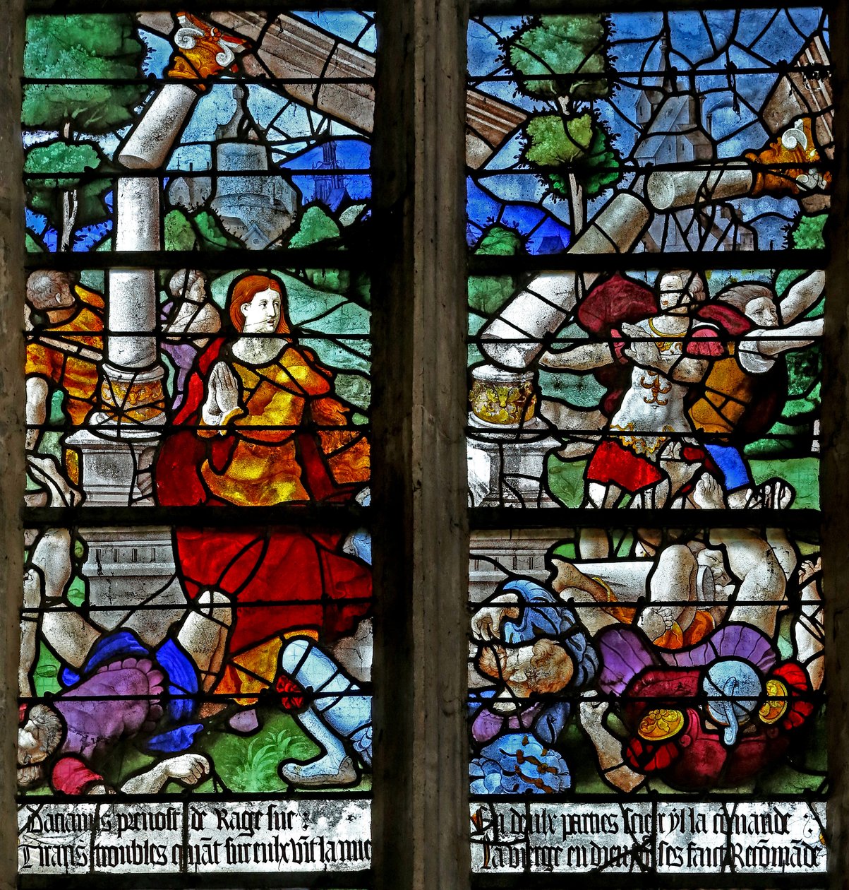 Ventana que representa el colapso del palacio mientras intentan arrestar a Santa Fe de French School